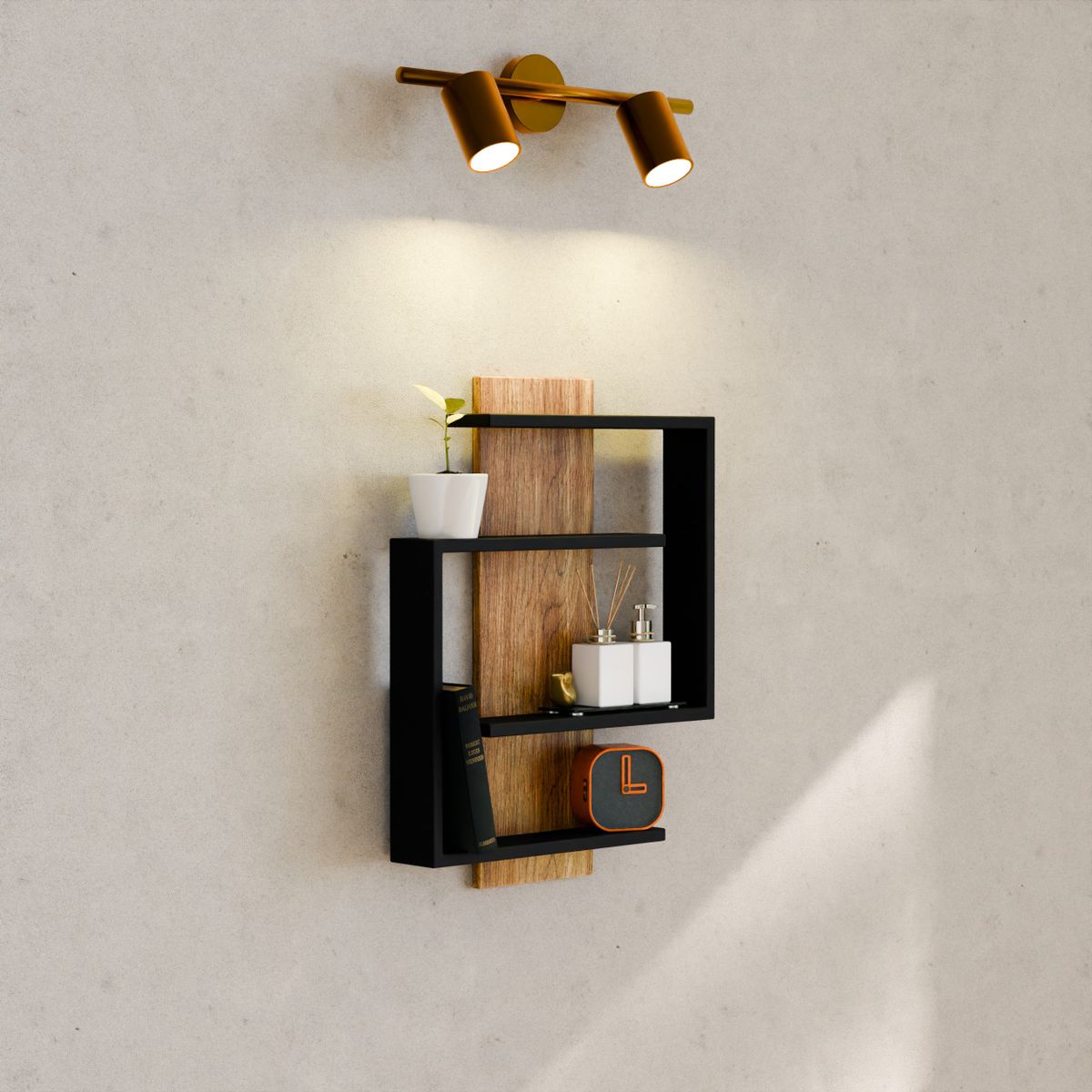 Detail of a wall-mounted timber and black metal shelf with a small plant and a brass spotlight